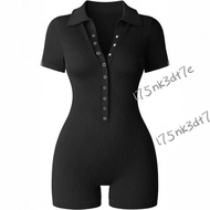 European American Women's Yoga Jumpsuit Ribbed V-Neck Stretch Narrow-Waist Sports Y4Y7