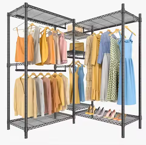 L6 L-Shape Heavy Duty Clothes Rack, 5-Tier Wire Garment Stand with 7 Adjustable Shelves & 4 Hanging 