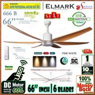Elmark Ceiling Fan 666B PW 66 inch DC Motor Remote Control 6 Blades Ceiling Fan 3 Tone LED Light