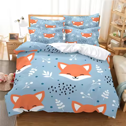 3D Little Fox Bedding Set Queen Bedding Duvet Cover Set Bedding Set Bed Cover Cotton Queen Bedroom B