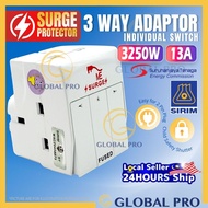13A 3WAY Adaptor Surge Protector Neon Light Safety Shutter 13A Easy for 2 Pin Plug Extension Plug Kepala Socket Plug