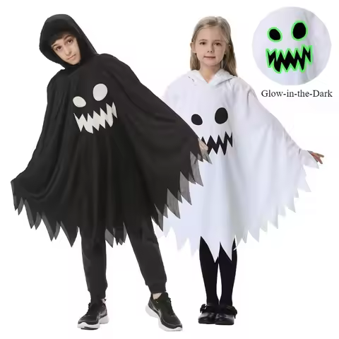Glow in the Dark Ghost Cosplay Cape for Girls Boys Black White Halloween Trick or Treat Carnival Par