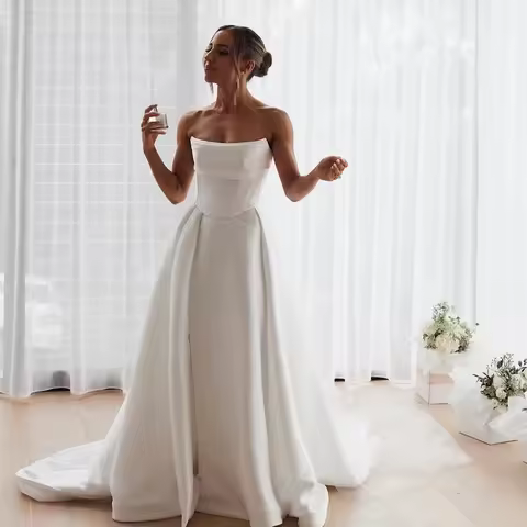 High Quality Pleat Satin A LIine Princess Wedding Dresses Side Slit Split Wedding Gown vestido de no