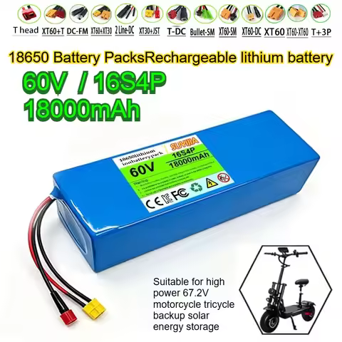 60V 18Ah 18650 16S4P 1800W Lithium Battery Pack for High Power 67.2V Motorcycle Tricycle Backup Sola