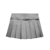 ♞Pizz❄ Zaraเย็บปักถักร้อยของแท้กระโปรงมีจีบผู้หญิงใหม่เข็มขัด ROK Mini เอวกลางพร้อมกระโปรงกางเกงจับจ