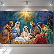 5x3ft Christmas Backdrop Banner Nativity Scene Holy Night Manger with Baby Jesus Mary Joseph Three W
