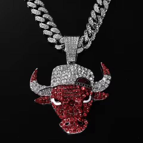 Fashionable Hip Hop Rap Men's Red Bull Head Pendant Accessories Trendy Cool Decorative Chain Necklac
