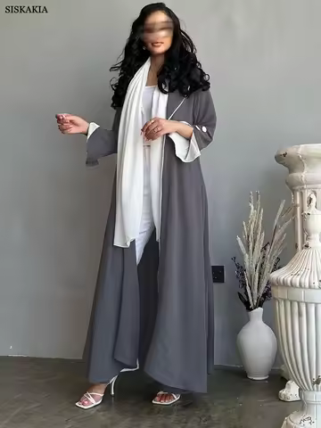 Siskakia Fashion Solid Casual Open Kimono Abayas Jalabiya Saudi Robe Femme Mosslim Ramadan Clothing 