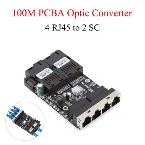 PCBA Board Fiber Optic Media Converter 100M 4 RJ45 to 2 SC A+B Optic Connector 1310nm/1550nm Ports 2