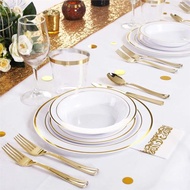 175個外貿餐具一次性金邊盤子酒杯刀叉勺硬塑料玫瑰金鏤空盤套裝