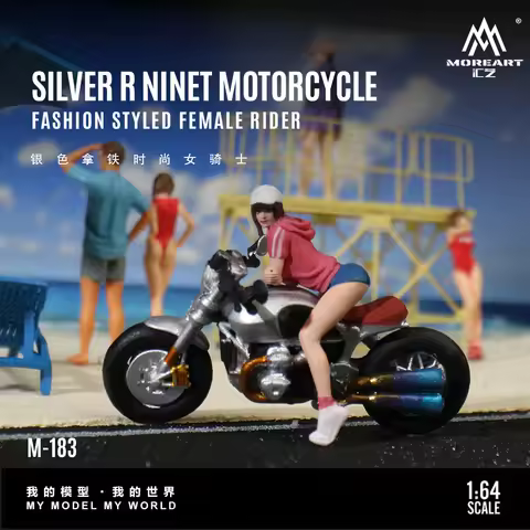 MoreArt 1:64 Silver Latte Fashion Female Knight Resin Motorcycle Model, Miniature Scene Decoration G