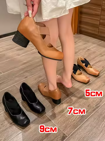 Women High Heels 9cm Pumps Chunky Heels Genuine Leather Ballet Shoes Elegant Vintage Ladies Ballet P