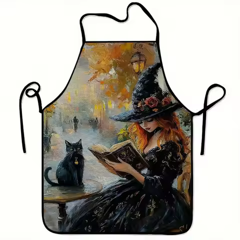 1pc 23.62x31.5inch Witch Cat Print Apron, Unisex Fashionable Home Work Apron for Cooking, Durable BB