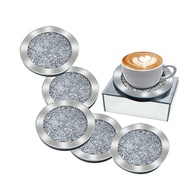 6pcs Glass Crystal Coaster Crushed Diamond Round 4" Cup Mat Decor on Tabletop for Kitchen Bar Home f