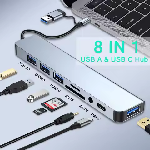 8in1 USB C Hub Aluminum 3.0 2.0 Ports SD TF Card Reader 35mm Aux for MacBook Pro Air PC Laptop Table