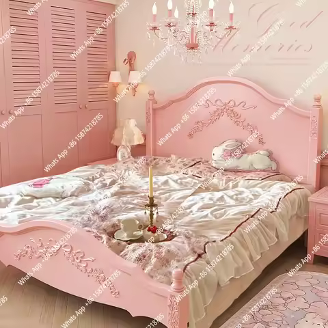 Yi A French Solid Wood Bed Pink Princess Bed Girl Bedroom 1.8 Meters 1.5m Double Retro European Carv