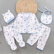 5pc/set Newborn Baby Boy Girl Cotton Tops Hat + Pants + Bib Suit Outfit Set 5 Helai Baju Baby Set Mu