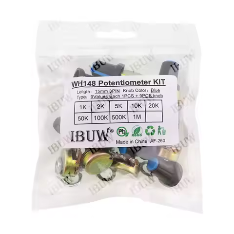 18PCS (9Values + 9Knobs) WH148 Potentiometer Kit (1K-1MΩ 15mm 3PIN) with Blue Knobs DIY Circuit Adju
