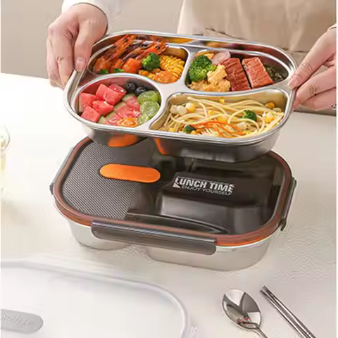 304 Stainless Steel Stainless Steel Lunch Box Large Capacity Microwave Heatable Divided Lunch Plate 