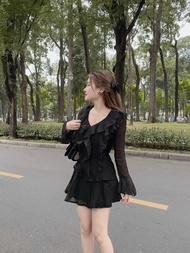 Set voan tơ áo kiểu cổ bèo tay loe và chất váy chất voan tơ hai lớp set tiểu thư style Hàn Quốc nữ t
