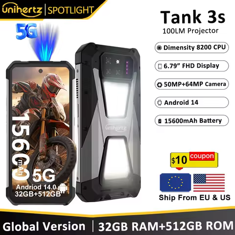 Unihertz tank 3s 8849 powered phone with projector 24/32GB 256/512GB Dimension 8200 cellphone 15600m