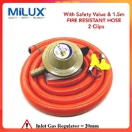 (Sirim Approved) Milux L.P.G Low Pressure Gas Regulator M-188F HC With Safety Value & 1.5m FIRE RESI