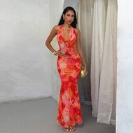 2 ชิ้น ชุดพักผ่อนฤดูร้อนสำหรับผู้หญิง, เสื้อครอปผูกคอและกระโปรงชายระบายไม่สม่ำเสมอ, สีปะการัง, สีชมพ