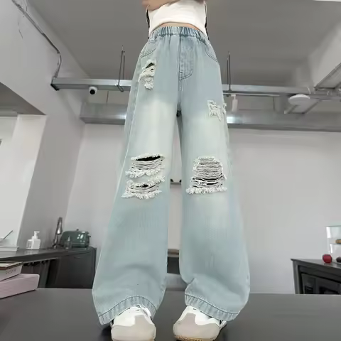 Brief Style Kids Girls Loose Straight Ripped Jeans with Holes For Teenager Child Casual Broken Light