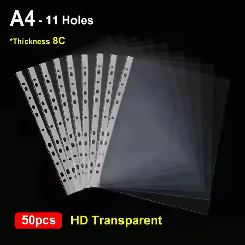 50pcs HD Transparent A4 Binder Sleeves 11-holes Sheet Protector A4 Plastic Sleeves Glossy Clear File
