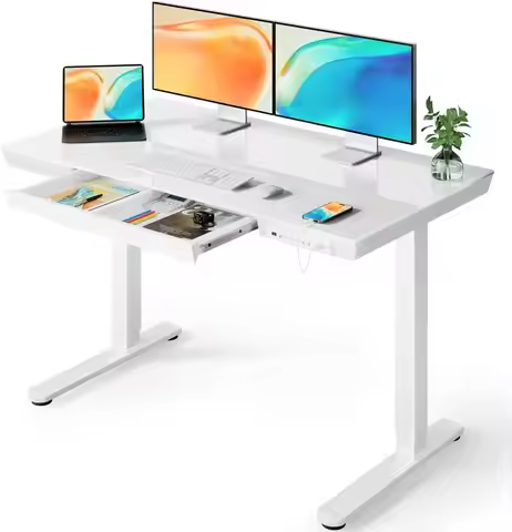 48x24 Inch Height Adjustable Electric Standing Desk with Glass Top and Drawer Charging Ports Home Of