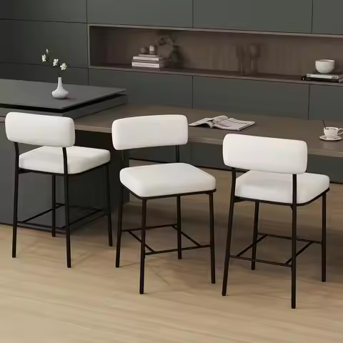 26" Counter Height Bar Stools Set of 3, Upholstered Barstools with Backs, Beige Fabric, Metal Bar He