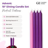 [ADVENT] GE Candle Works 4pcs Unscented 10 inches Dining Candles*1 Pink + 3 Purple*