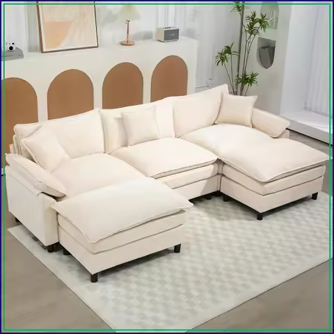 111.8" U-Shape Modular Sectional Sofa, 3-Seat Convertible Couch w/ 2 Ottoman, Chenille Beige