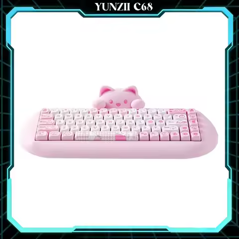 YUNZII C68 Pink Cute Cat Mechanical Gaming Keyboard Silicone Hot Swap NKRO Ergonomic Wireless BT5.0/