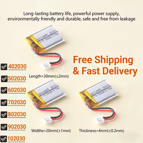 3.7V 200mAh 402030 Rechargeable Li-Po Battery with JST 2.0 2P Plug for TWS Bluetooth Headset Smart W