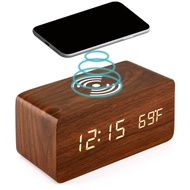 2024New!! Wooden Digital Alarm Clock 3 Alarms Led Display Wireless Charging Electronic Alarm Clock For Bedroom