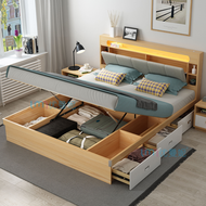 🛏️Youmanni🛏️Nordic pneumatic high box storage bed bedroom furniture 1.5 1.8m modern simple economical drawer storage double bed  with bedside lamp  king size bed frame