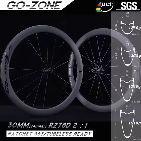 700c Road Carbon Wheels Disc Brake 30mm Width 24mm Inner Ratchet R278D 2：1 Ultralight 1280gTubeless 