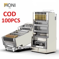 HONI 100PCS CAT6 FTP Shielded RJ45 Pass Through Connector - Metal Shield Gold-Plated Ethernet Plug R