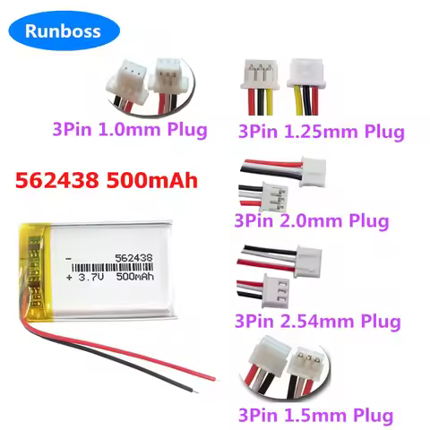 3.7V 500mAh Rechargeable Battery 562438 602540 3pin Plug 1.0/1.25/1.5/2.0/2.5mm For MP3 GPS Bluetoot