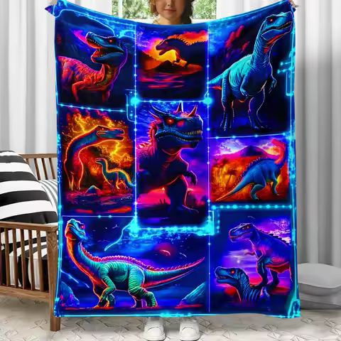 1pc Neon Dinosaur Galaxy Fleece Blanket Flannel Throw Vibrant Prehistoric Art Bed Cover Sci Fi Dino 