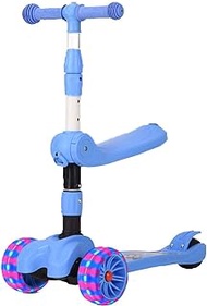 Kids Kick Scooter,Foldable Seat Toddler Scooter With 3 LED Flashing Shock Wheels Have 3 Adjustable Heights, Scooter For Toddler Girls And Boys 2-13,Blue