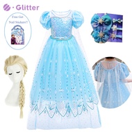 Dress for Kids Girl Princess Dresses Frozen 2 Anna Elsa Cosplay Costume Toddler Baby Clothes Long Cloak Wig Stickers Hair Clip Birthday Party OOTD Costumes