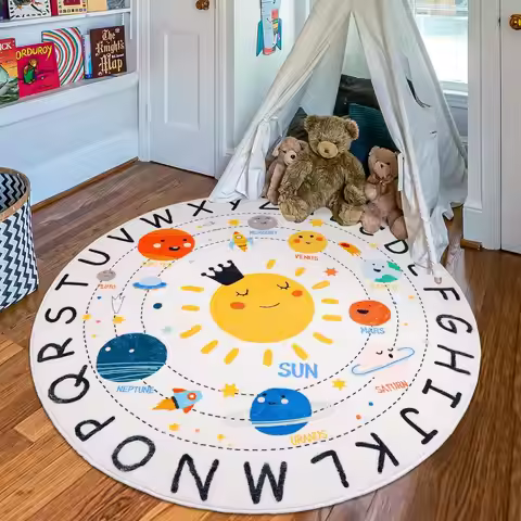ABC Round Play Mat Educational Solar System Alphabet & Planets Design for Toddlers Kids' Play Rug fo