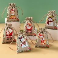 10*15CM Linen Christmas Candy Bags Burlap Chirstmas Gift Wrapper Christmas Ornaments Santa Snowman Printed Pattern Goodies Bags Christmas Decor 6pcs
