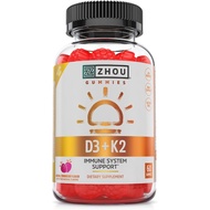 Zhou D3+K2 - Vitamin D3 K2 Supplement for Women & Men, Immune Support Vit D3 and K2 Gummy, Gelatin F