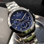 BOSS手錶,編號HB1513755,42mm銀圓形精鋼錶殼,寶藍色三眼, 時分秒中三針顯示, 運動, 精密刻度錶面,銀色精鋼錶帶款,自用送人都不錯!