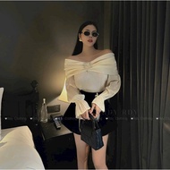 Gentle elegant set, beautiful women's dress set with off-the-shoulder top with stone buttons mixed w