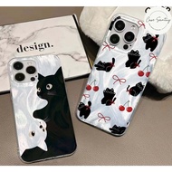 Cute Black Cat Cherry motif Aesthetic Softcase for Xiaomi Redmi A3 A1 A2 8 9A 9C 10A 9T 10 10C 12 12