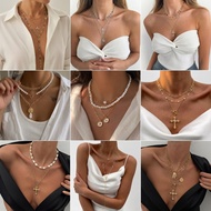 YX Retro Starfish Shell Pearl Layered Necklace 4 Sets Trendy Choker Dainty Beach Jewelry For Women P